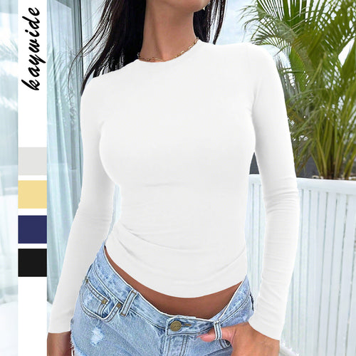 Damen nan eng anliegendes Langarm-Basictop aus Stretchjersey mit Rundhalsausschnitt und taillierter Silhouette Shop Nory