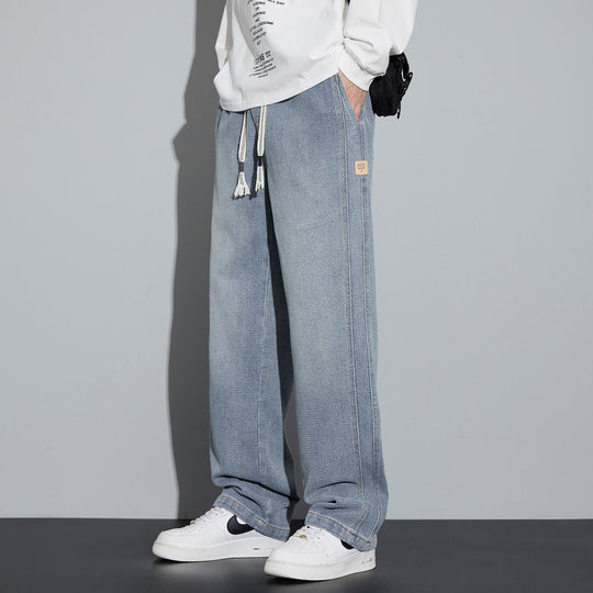Herren Weite Denim-Jogginghose mit geflochtenem Kordelzug und Fischgrätstruktur Shop Nory