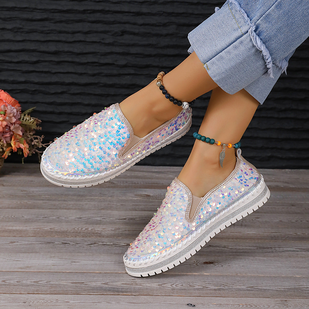 Damen Glitzernde Slip-On Sneakers mit elastischem Obermaterial und rutschfester Sohle Shopnory