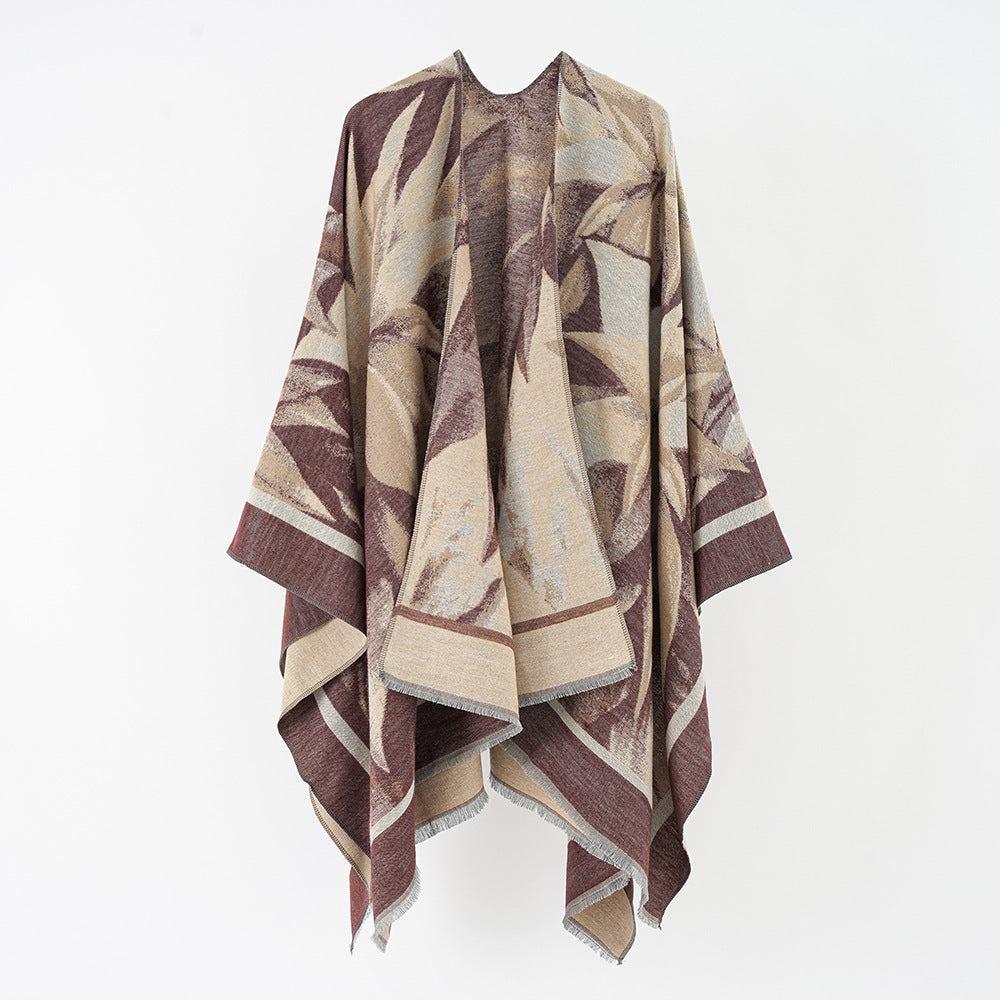 Damen Jacquard-Überwurfponcho mit floral-abstrakter Webstruktur und weichfallendem Oversize-Cape Shop Nory