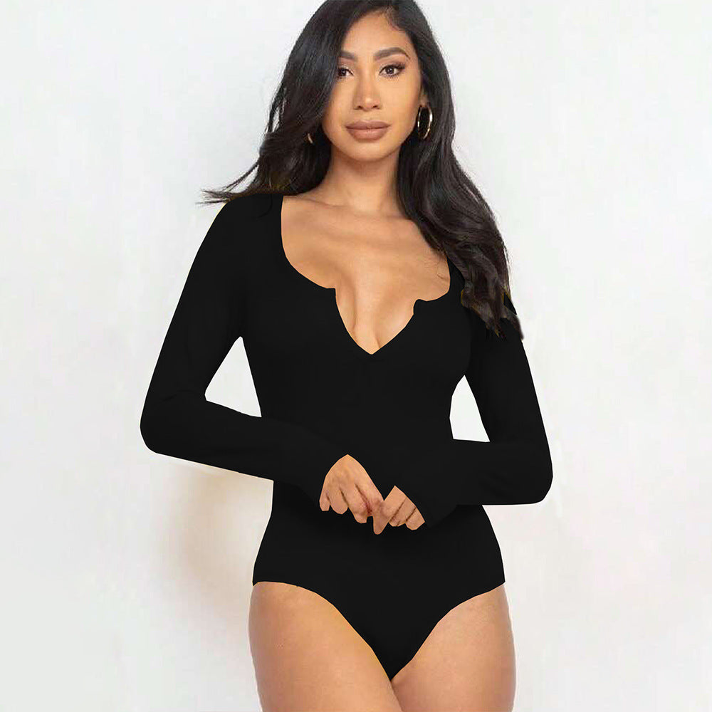 Damen figurbetontes V-Ausschnitt-Stringbody mit langen Ärmeln Shop Nory