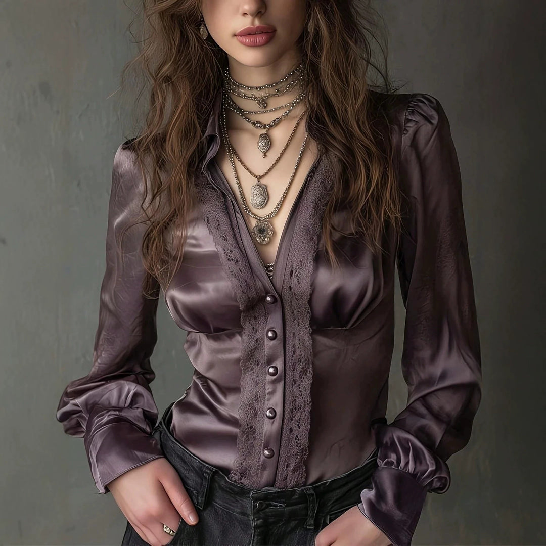 Damen Taillierte Satinbluse mit Spitzenpasse, Knopfleiste und Puffärmeln Shop Nory