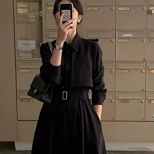 Damen Modernes Hemdblusen-Maxikleid mit taillierendem Stoffgürtel und weitem Tellerrock Shop Nory