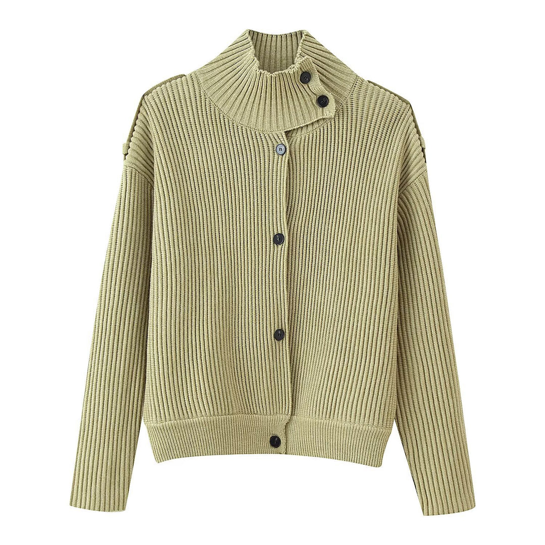 Damen Strukturstrick-Cardigan mit Stehkragen, Knopfleiste und Schulterpatten Shop Nory