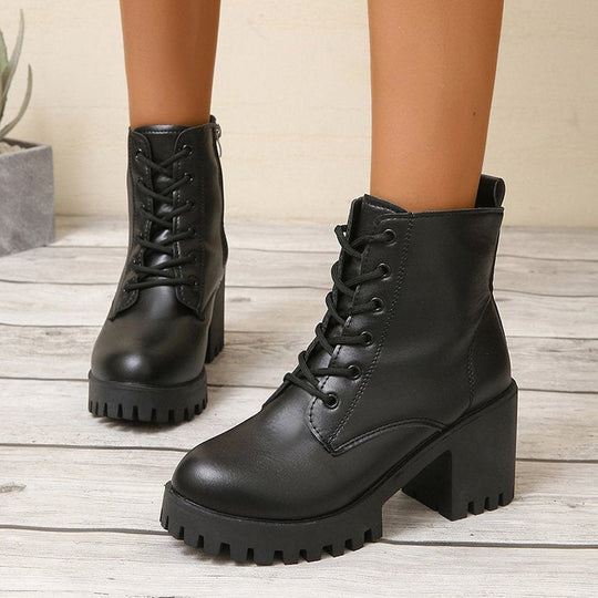 Damen High-Top Stiefeletten mit robustem Blockabsatz und Schnürung