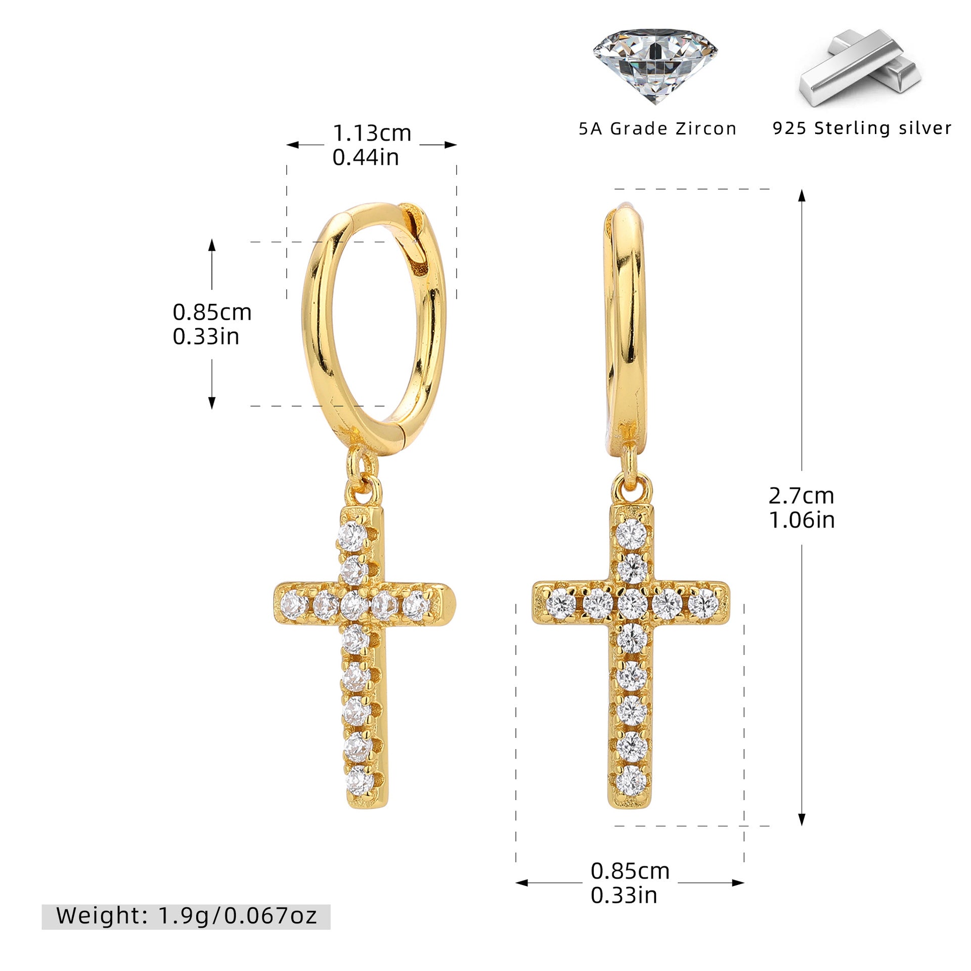 Damen Ohrringe mit Kreuz-Design aus 925 Sterling Silber und hochwertigem Zirkon Shop Nory