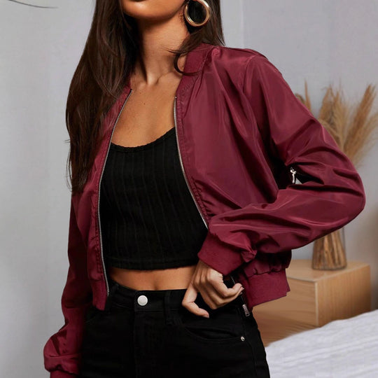 Damen Cropped Bomberjacke aus Satinoptik mit Ärmeltasche und elastischem Saum Shop Nory