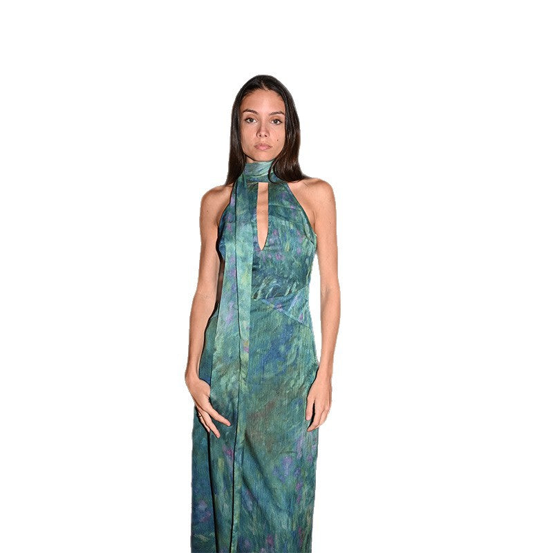 Damen elegantes Maxikleid mit raffiniertem Chiffon-Einsatz und hohem Kragen