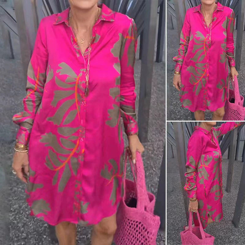 Damen nan kurzes Tunika-Hemdkleid in Satinoptik mit großflächigem Blattprint, Hemdkragen und lockerer A-Linie Shopnory