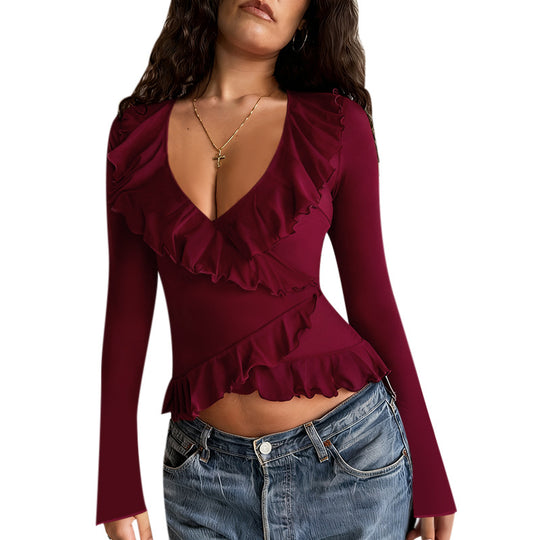 Damen Langarmshirt mit tiefem V-Ausschnitt, asymmetrischen Volants und tailliertem Peplum Shop Nory