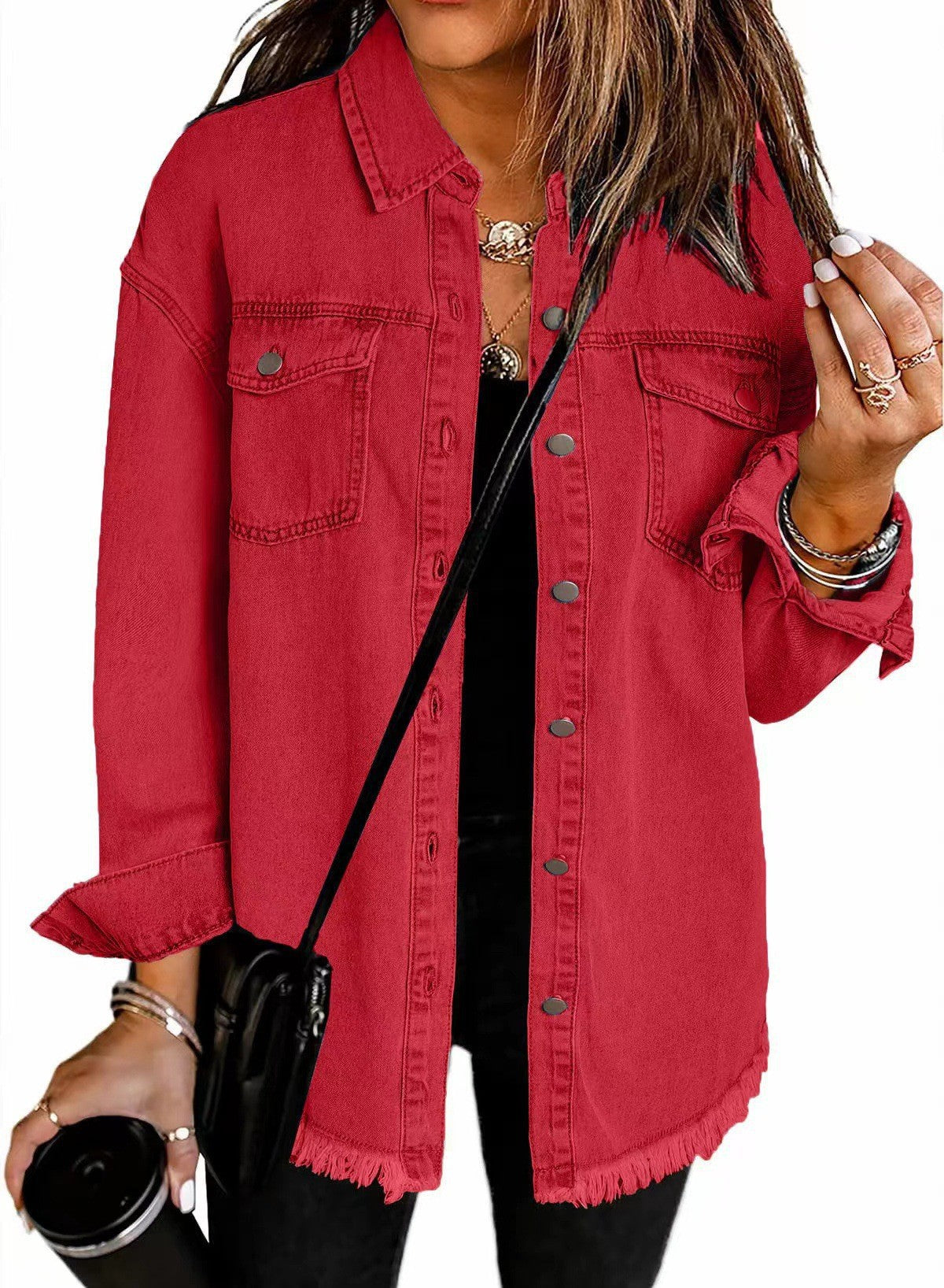 Damen Denim Overshirt mit fransigem Saum und Brusttaschen ShopNory