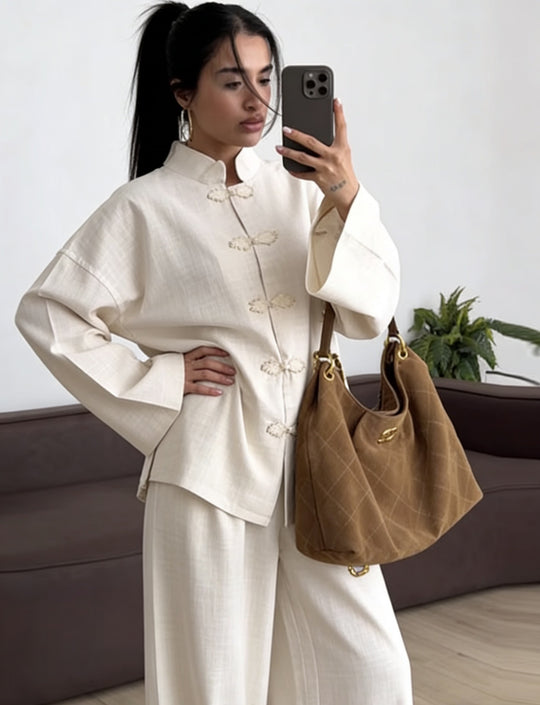 Damen Oversized Mandarinjacke mit Knotenverschlüssen und weitem Arm Shop Nory
