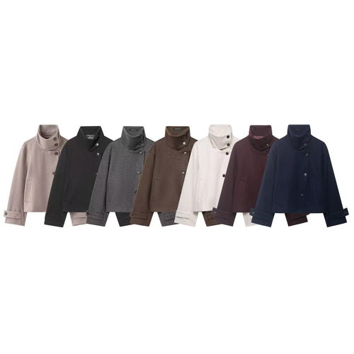 Damen Kurzer kastiger Wollmantel mit asymmetrischer Knopfleiste und Stehkragen Shop Nory