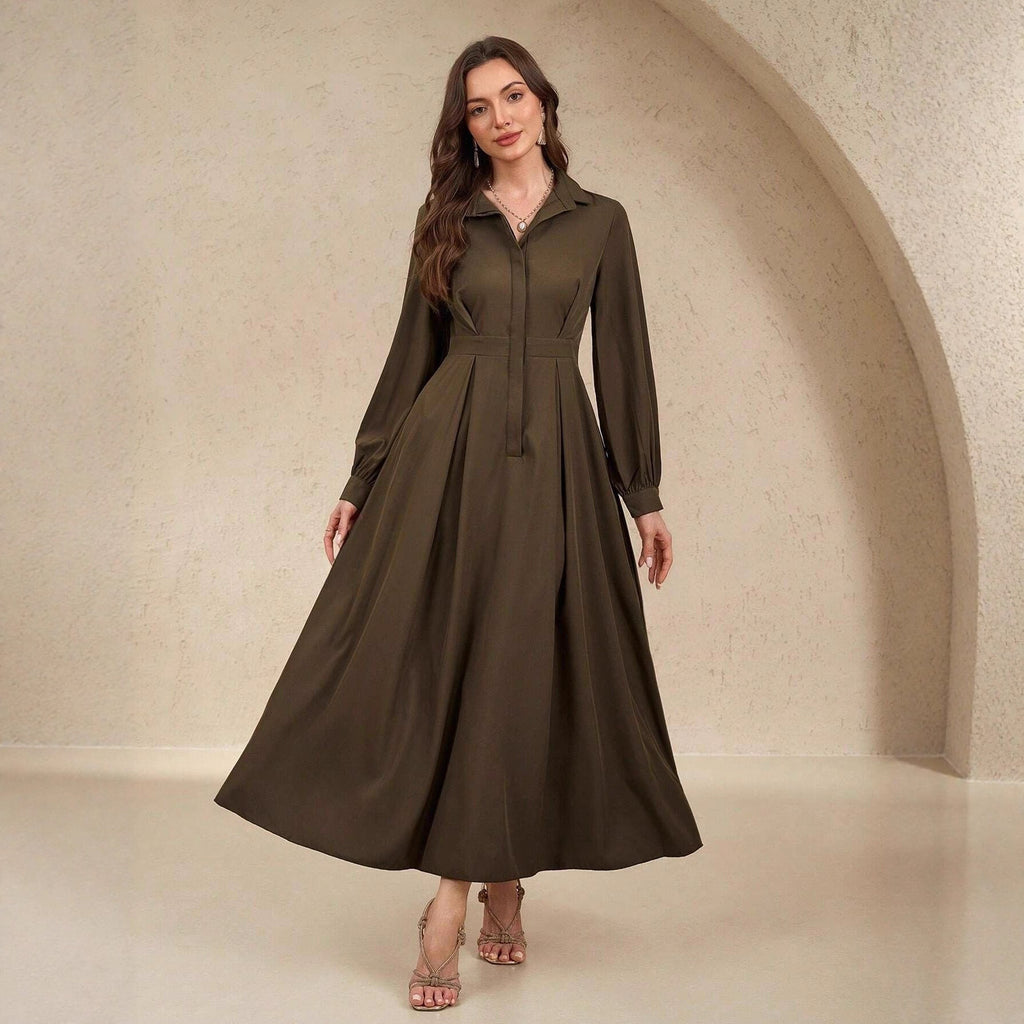 Damen Elegantes Hemdblusenkleid mit schwingendem Rock und praktischen Taschen