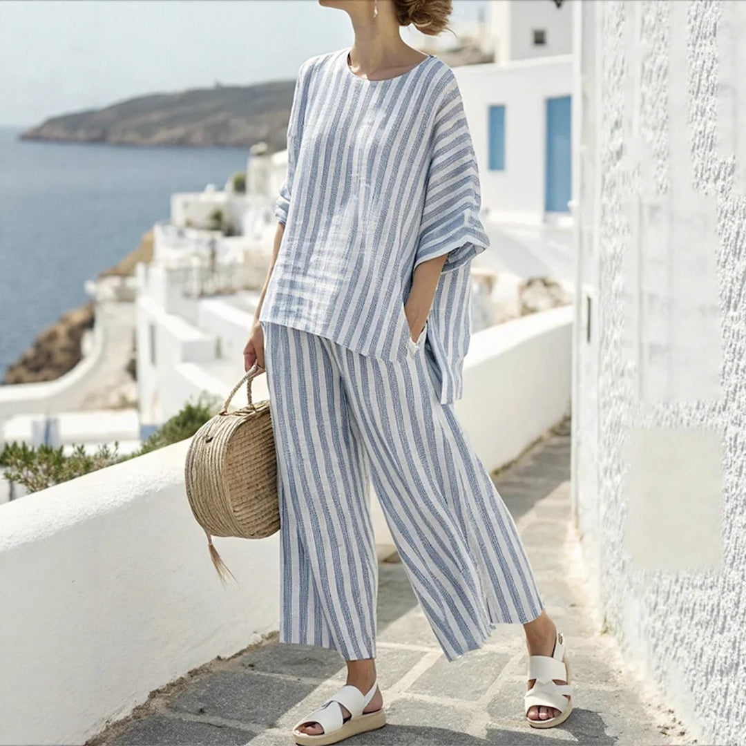 Damen Zweiteiliges gestreiftes Leinen‑Optik Lounge‑Set mit Oversize‑Bluse und High‑Waist Palazzo Shop Nory