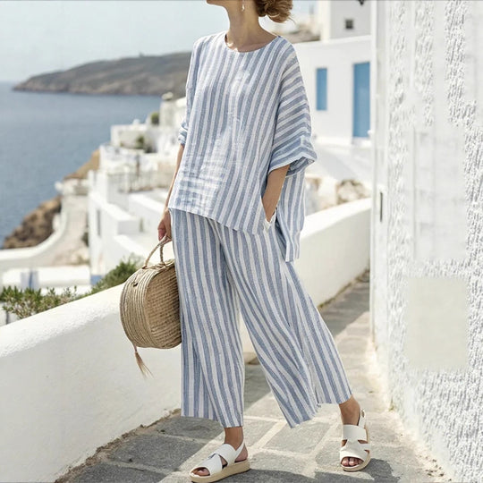 Damen Zweiteiliges gestreiftes Leinen‑Optik Lounge‑Set mit Oversize‑Bluse und High‑Waist Palazzo Shop Nory