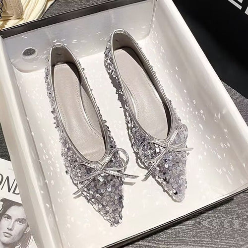 Damen funkelnde Ballerinas mit spitzem Zehenbereich und dekorativem Paillettenschmuck