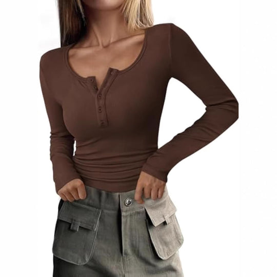 Damen Langärmeliges Rippshirt mit Henley-Knopfleiste und taillierter Passform Shop Nory