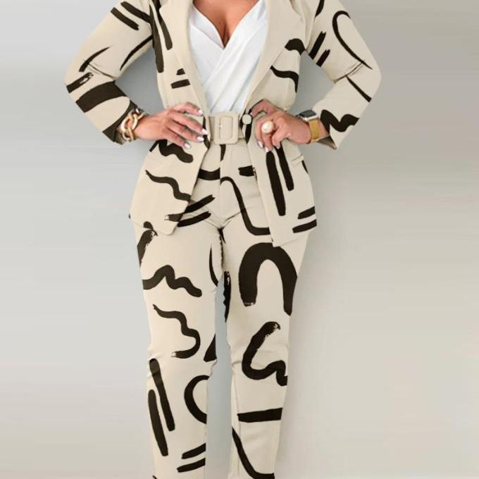 Damen Tailoring-Set mit Animal-Print-Revers, tailliertem Gürtelblazer und High‑Waist-Slimhose Shop Nory