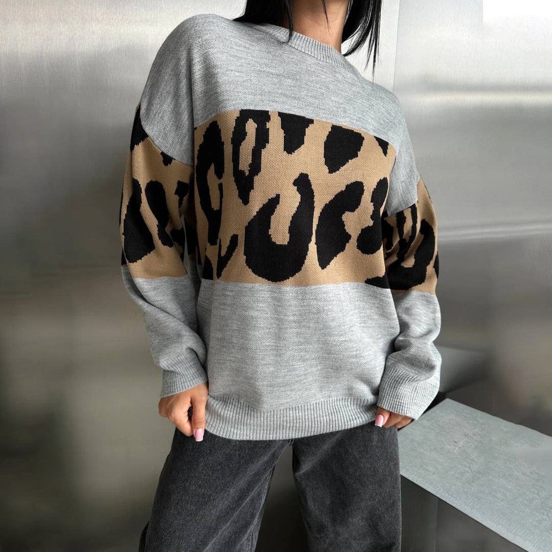 Damen Oversized Strickpullover mit Leoparden-Bahnen, überschnittener Schulter und geripptem Saum Shop Nory