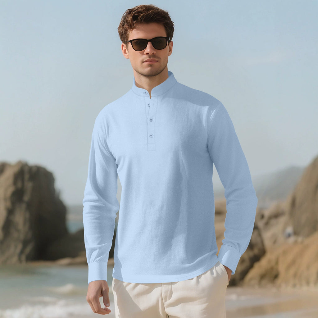 Herren nan Nehru-Kragen-Henley aus Baumwollstretch mit verdeckter Knopfleiste und schmaler Passform