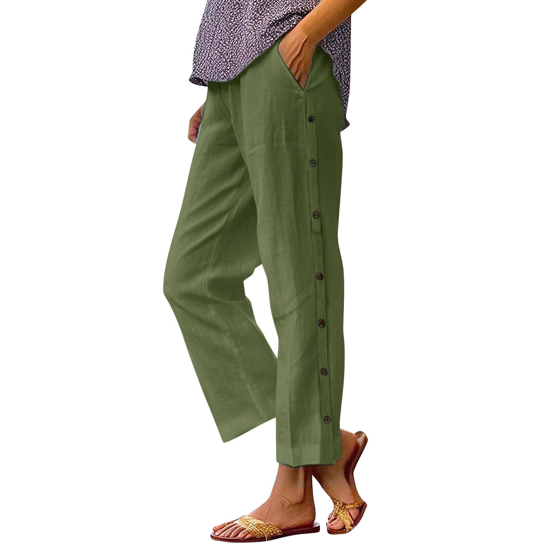 Damen Cropped Weitbeinige Knopf-Trim Leinen-Mischung Casual Hose Shop Nory