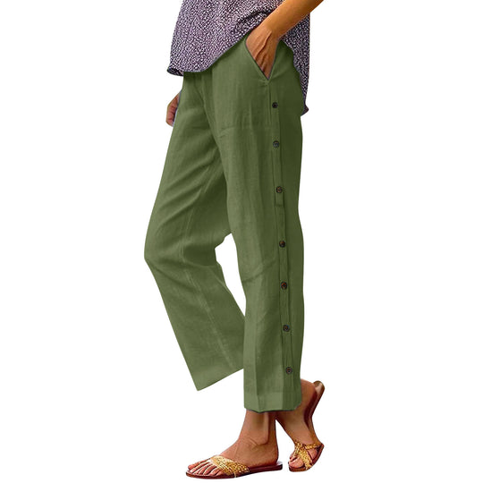 Damen Cropped Weitbeinige Knopf-Trim Leinen-Mischung Casual Hose Shop Nory