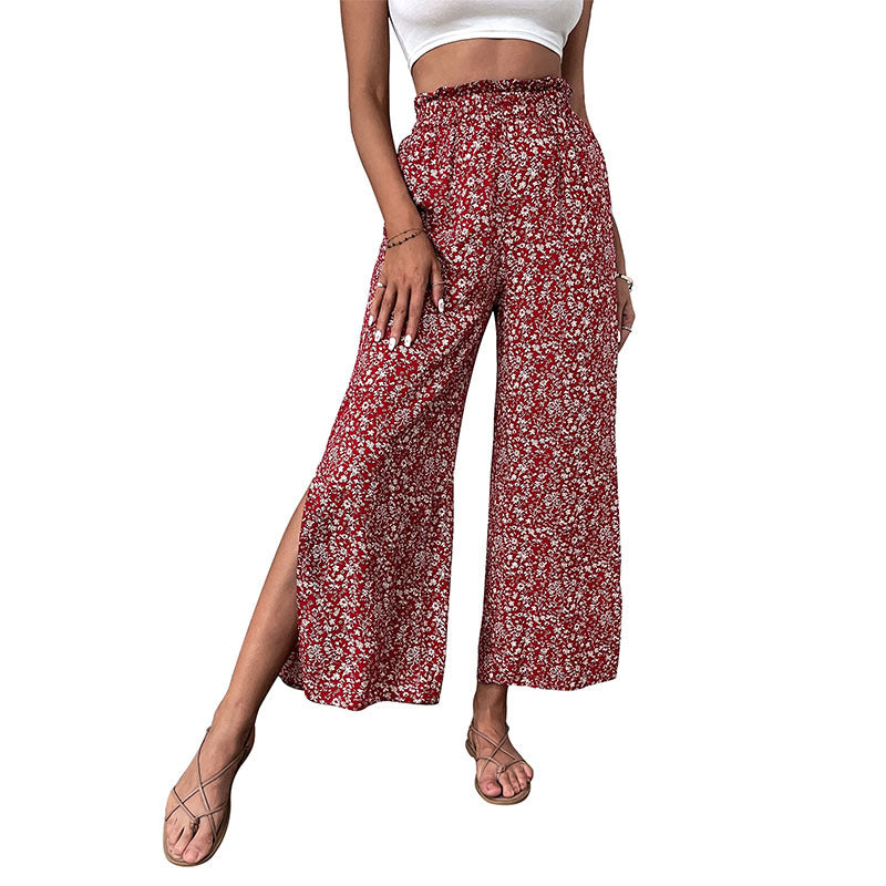 Damen Leichte High‑Waist Palazzo‑Hose mit Gummibund, Blumenprint und seitlichem Beinschlitz Shop Nory