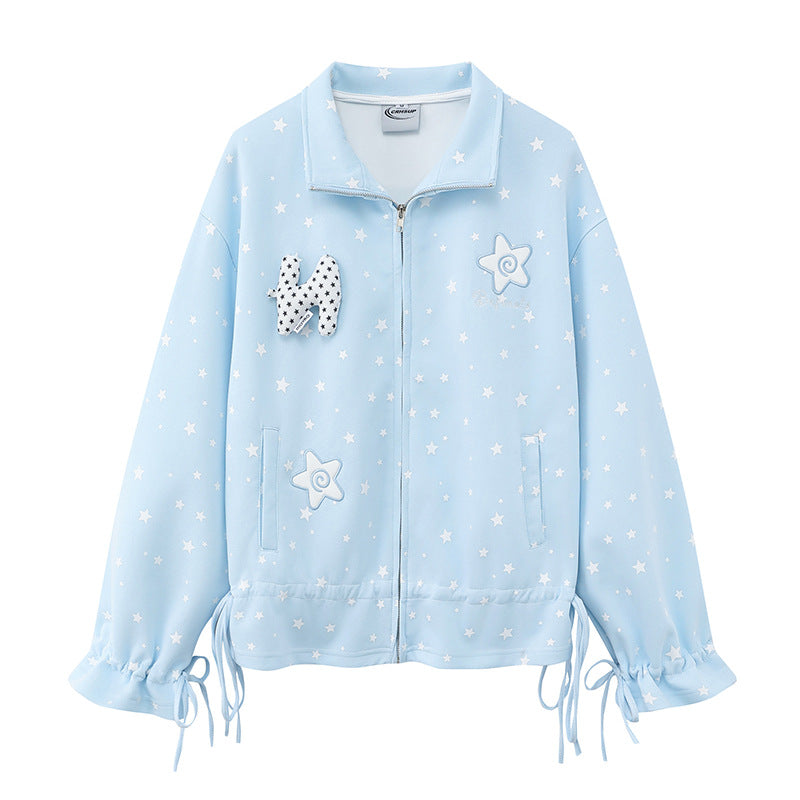 Damen leichte Stehkragen-Sweatjacke mit Sternen-Allover, Applikationen und Kordelzug Shop Nory