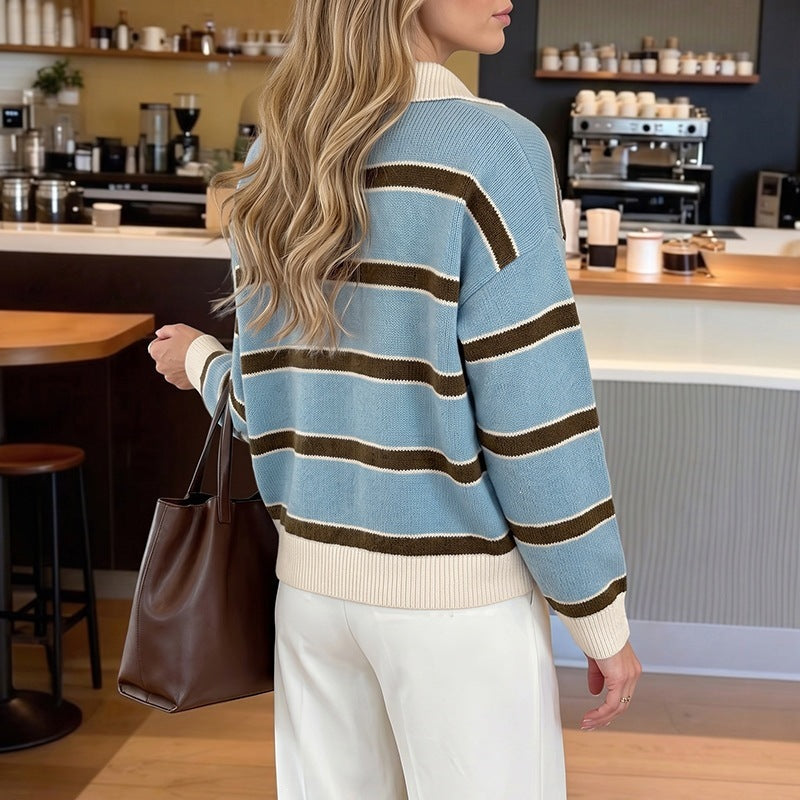 Damen Lässiges Streifenpullover mit Polokragen Shop Nory