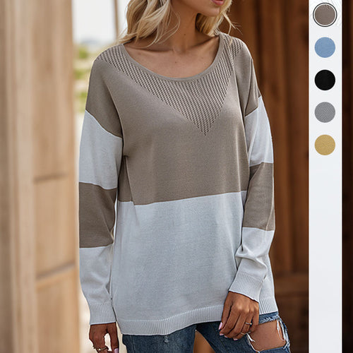 Damen Oversize Strickpullover mit Rundhals, Ajour-Dreieck und Blockstreifen Shop Nory