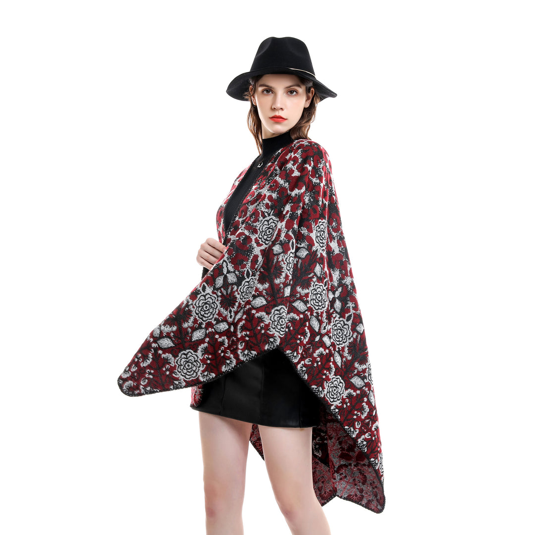Damen Jacquard-Überwurfponcho im kastigen Kimono-Fall mit floral-animalischem Muster Shop Nory