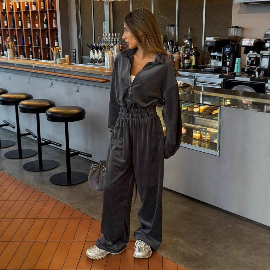 Damen Samt-Jumpsuit mit weitem Bein, elastischer Taillenpartie und Stehkragen Shop Nory