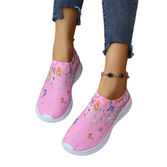 Damen Slip-On Strick-Sneaker mit elastischem Schaft, Blumenprint und Strassbesatz Shop Nory