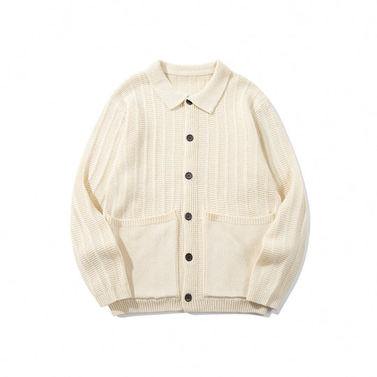Unisex Grobgestrickte Hemdjacke mit Kentkragen, Knopfleiste und aufgesetzten Taschen Shop Nory