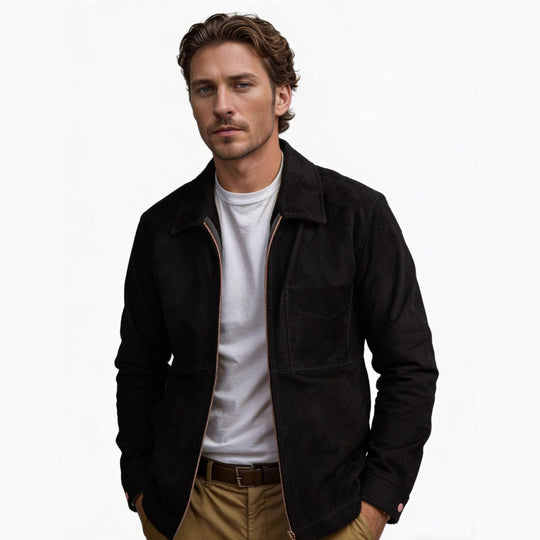 Herren Velourslederjacke mit Reißverschluss und Hemdkragen Shop Nory