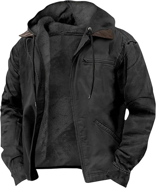 Herren Gefütterte Kapuzen-Lederjacke mit Teddyfutter und Brustreißverschlusstasche Shop Nory