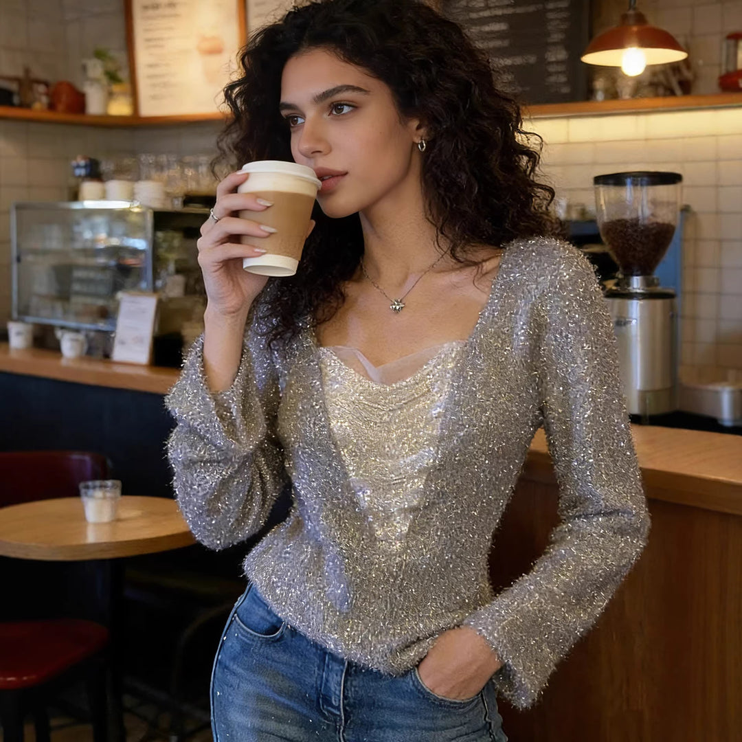 Damen Flauschiges Langarmshirt mit tiefem V‑Ausschnitt und Glitzer-Insert Shop Nory