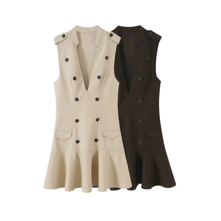 Damen Ärmelloses Blazerkleid im Trench‑Stil mit doppelreihiger Knopfleiste und ausgestelltem Saum Shop Nory