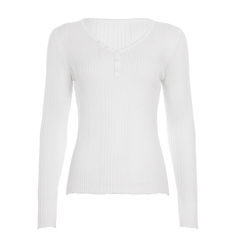 Damen nan feinstrukturierter Rippstrick-Longsleeve mit V-Ausschnitt, Henley-Knopfleiste und taillierter Passform Shop Nory
