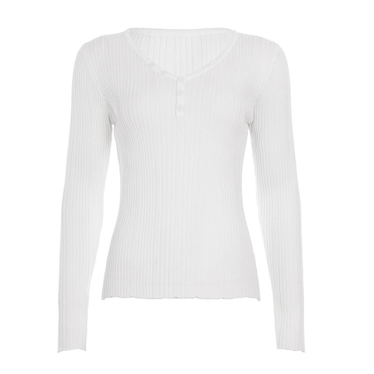 Damen nan feinstrukturierter Rippstrick-Longsleeve mit V-Ausschnitt, Henley-Knopfleiste und taillierter Passform Shop Nory