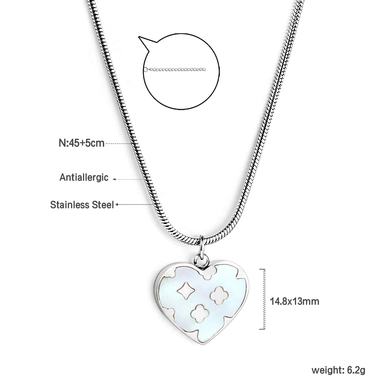 Damen Edelstahl-Halskette mit herzförmigem Anhänger und Antiallergischer Eigenschaften Shop Nory