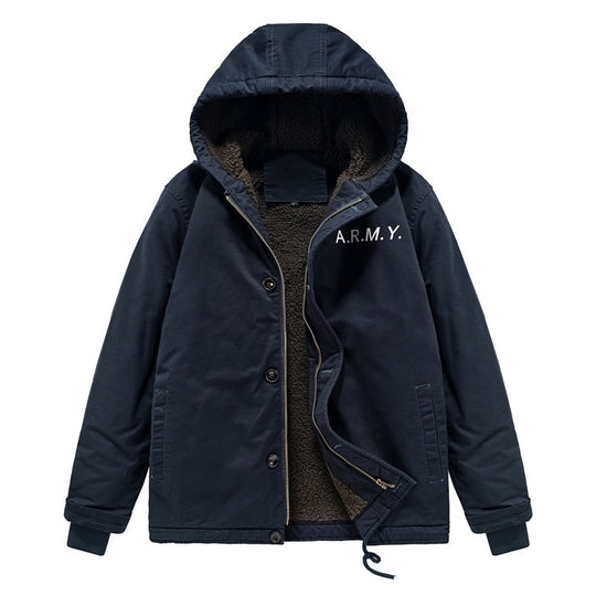Herren wattierte Kapuzenjacke im Canvas‑Look mit Sherpa‑Futter und Militärprint Shop Nory
