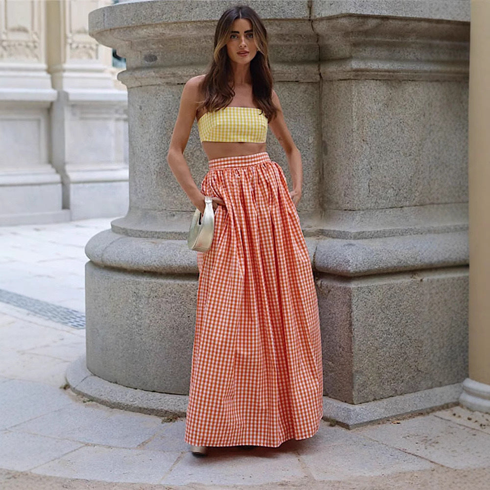 Damen Set aus Crop-Top und Maxirock mit elegantem Rüschendesign