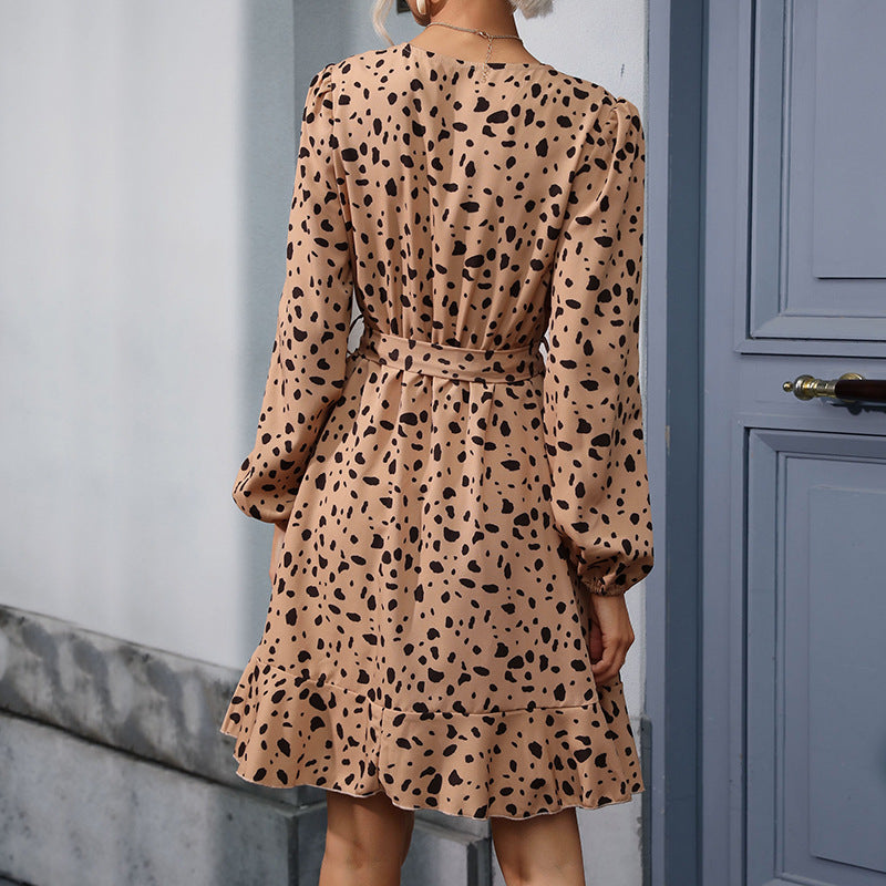 Damen Chiffon-Wickelkleid mit Animal-Print, V-Ausschnitt und Volantrock Shop Nory