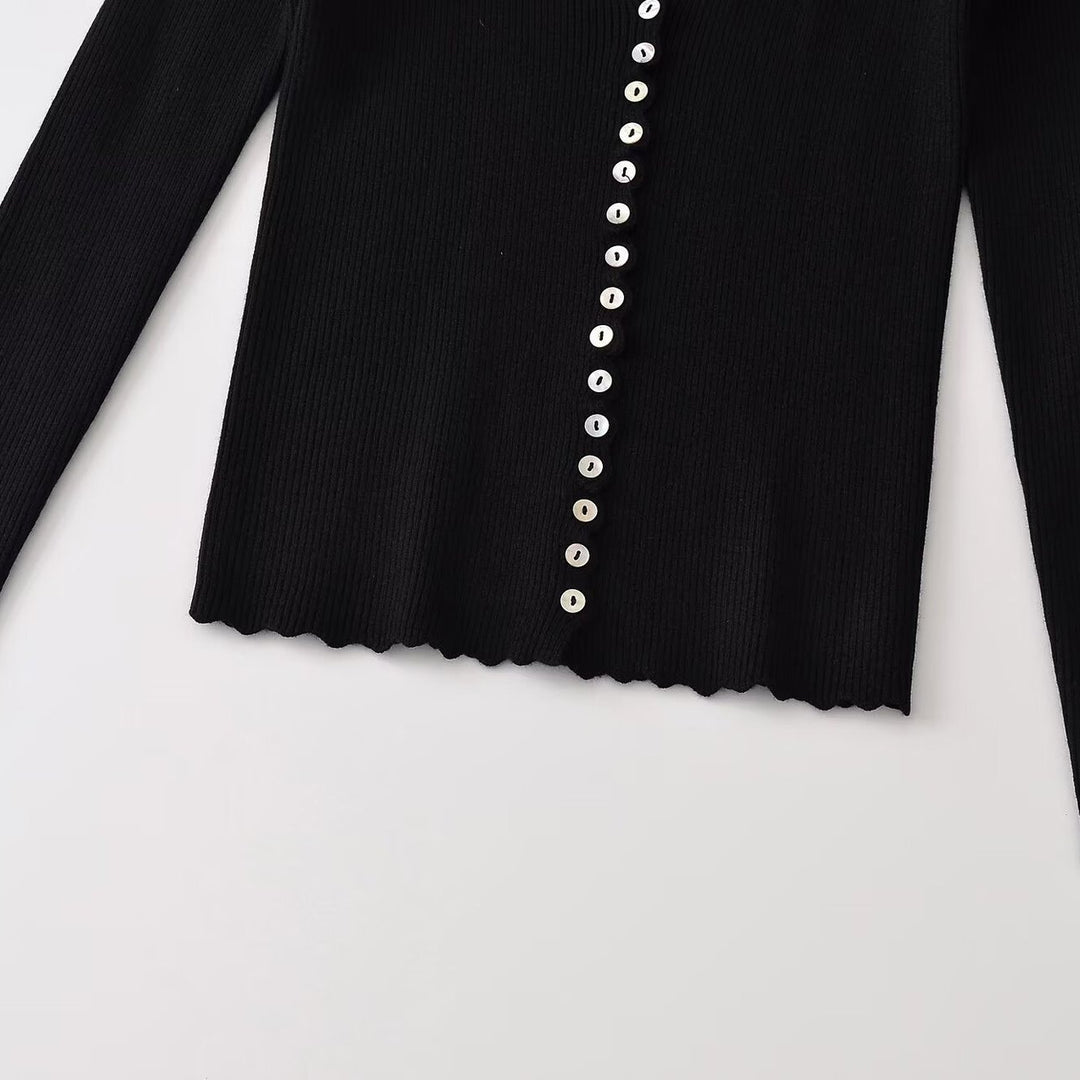 Damen Gerippter Knopfcardigan mit tiefem V-Ausschnitt und Wellensaum Shop Nory