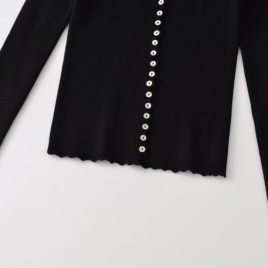 Damen Gerippter Knopfcardigan mit tiefem V-Ausschnitt und Wellensaum Shop Nory