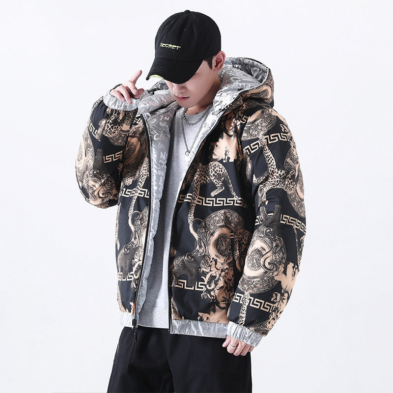 Herren Reflektierende gesteppte Daunenoptik-Überjacke mit Kapuze und Allover-Print Shop Nory