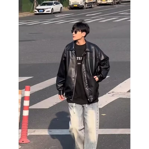 Herren Boxy-Kunstlederjacke mit Hemdkragen und verdecktem Reißverschluss Shop Nory