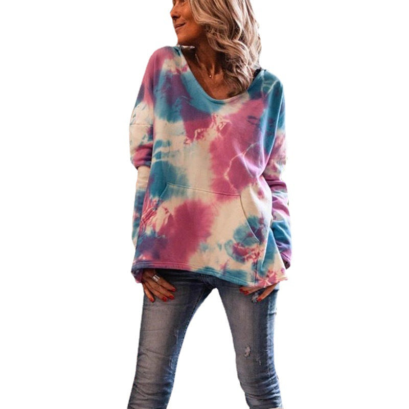 Damen Oversize Batik-Pullover mit V-Ausschnitt und Kängurutasche Shop Nory